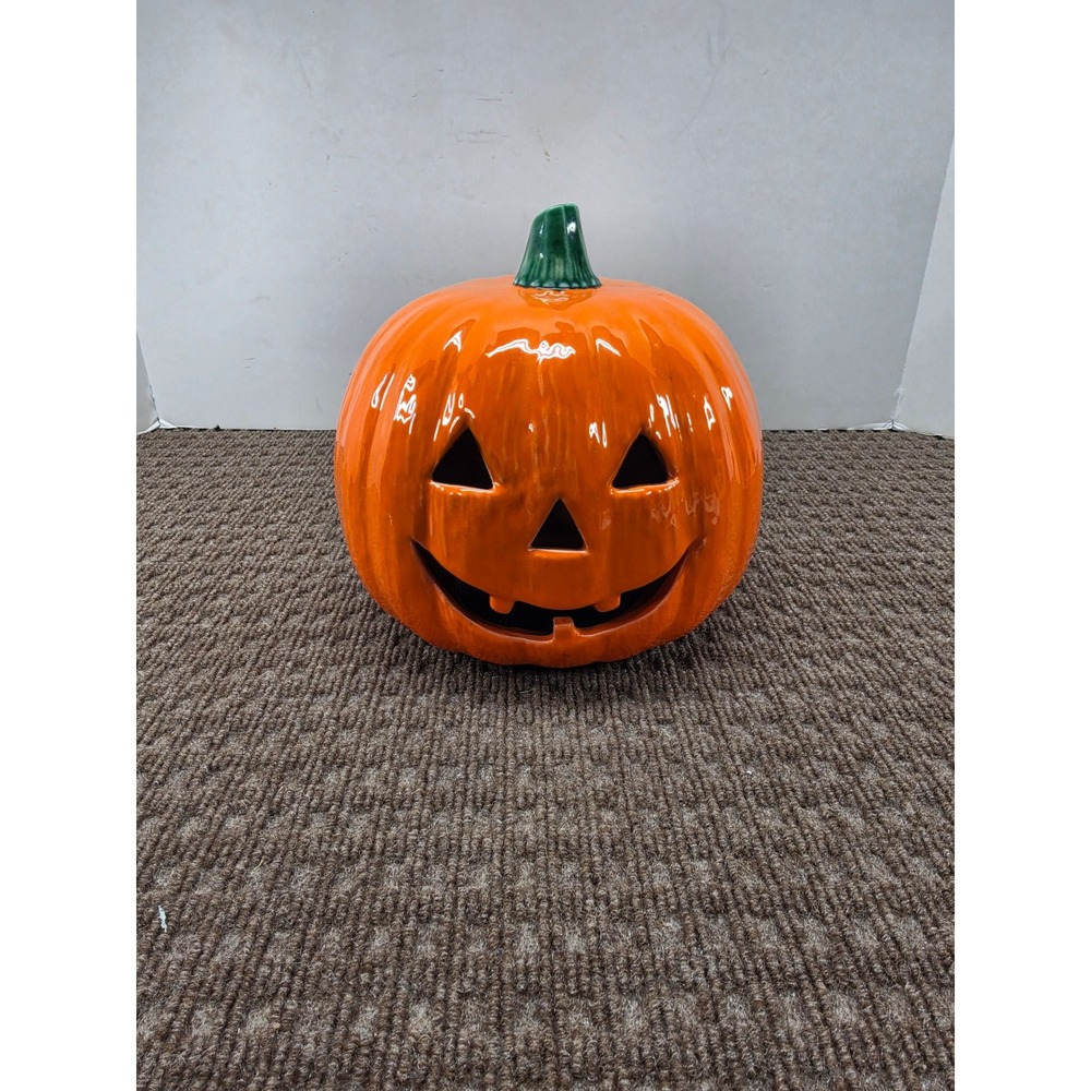 Orange Ceramic Jack O Lantern Pumpkin Glossy Halloween Luminary Decor 9 Inch